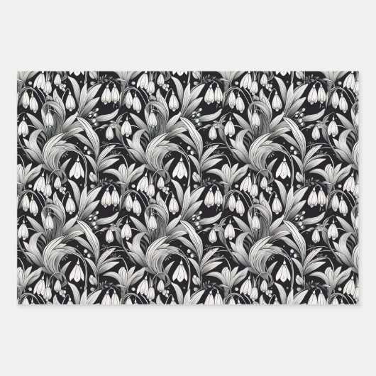 Elegant Black | Weiße Schneeröckchen Blumenmuster Geschenkpapier Set (Vorderseite 3)