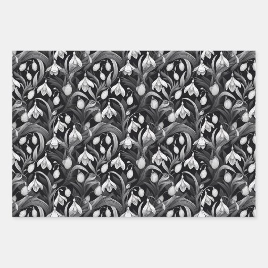 Elegant Black | Weiße Schneeröckchen Blumenmuster Geschenkpapier Set (Vorderseite 2)