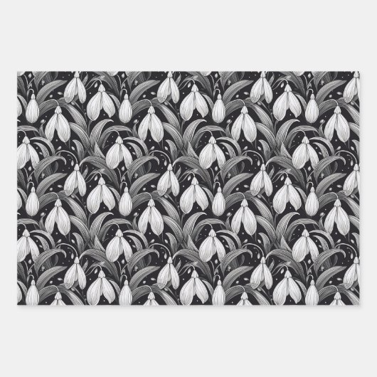 Elegant Black | Weiße Schneeröckchen Blumenmuster Geschenkpapier Set (Vorderseite)