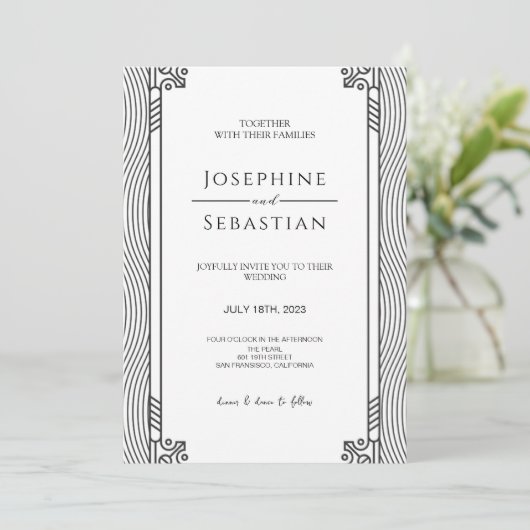 Elegant Black & White Art Deco Minimalist Wedding Einladung (Stehend Vorderseite)
