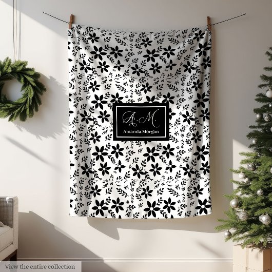 Elegant Black White Blanket Trendy Color Botanical Fleecedecke
