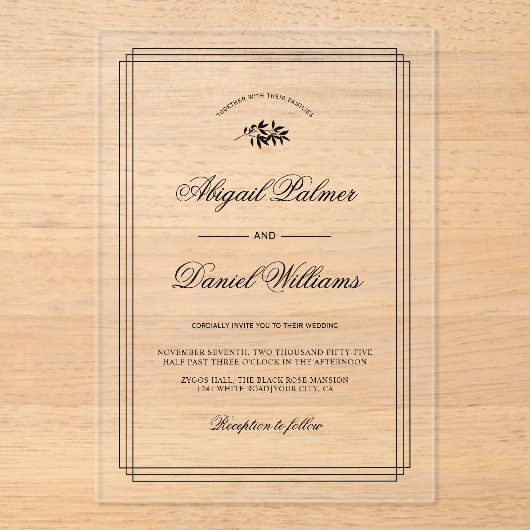 Elegant black, white branch and border wedding acryleinladungen (Vorderseite)