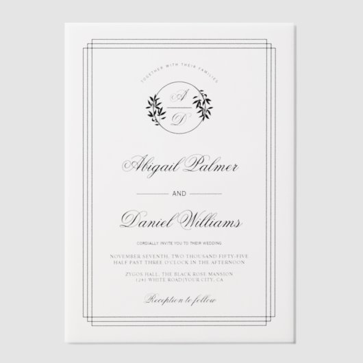 Elegant black, white branch and initials wedding pergament einladungen (Vorderseite)