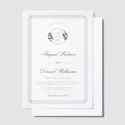 Elegant black, white branch and initials wedding pergament einladungen (Versetzt)