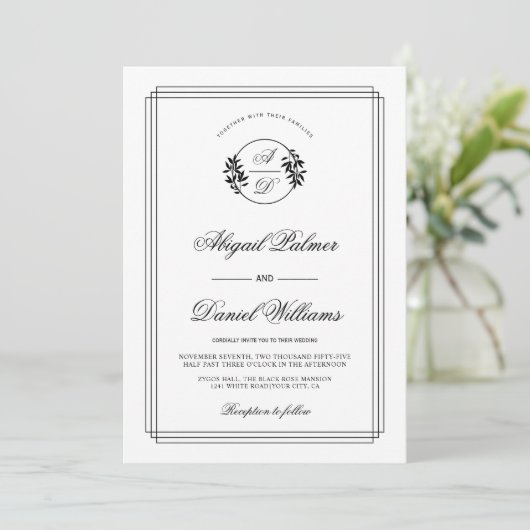 Elegant black, white branch and QR code wedding Einladung (Stehend Vorderseite)
