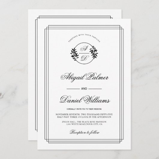Elegant black, white branch and QR code wedding Einladung (Vorne/Hinten)