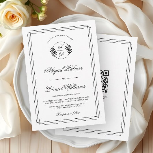 Elegant black, white branch and QR code wedding Einladung