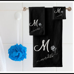 Elegant Black White Custom Monogram Name Flower Badhandtuch Set