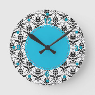Elegant Black & White Damask Wall Clock Runde Wanduhr