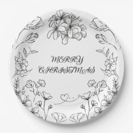 Elegant Black White Floral Christmas Plate Pappteller