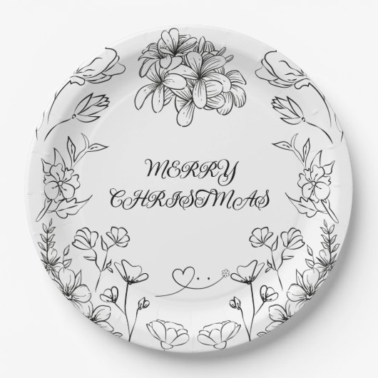 Elegant Black White Floral Christmas Plate Pappteller (Vorderseite)
