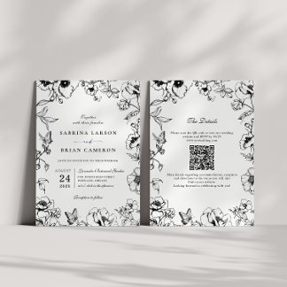 Elegant Black White Floral Garden QR Code Wedding Einladung