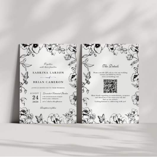 Elegant Black White Floral Garden QR Code Wedding Einladung