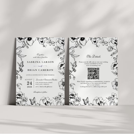 Elegant Black White Floral Garden QR Code Wedding Einladung