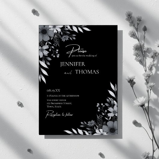 Elegant Black & White Floral Hand-Drawn Wedding Einladung