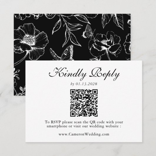 Elegant Black White Floral QR Code Wedding RSVP Karte (Vorne/Hinten)