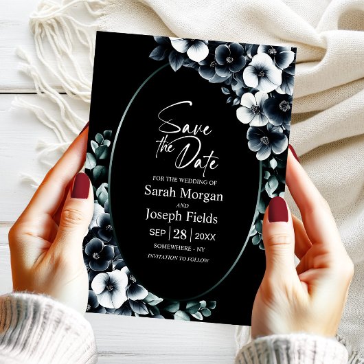 Elegant Black White Floral Save the Date Einladung