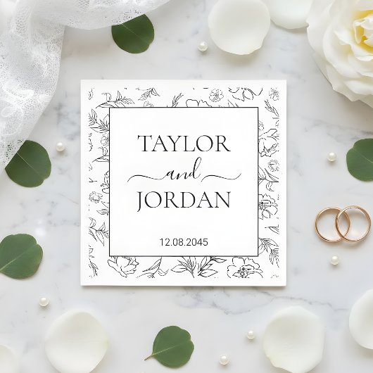 Elegant Black & White Floral Wedding Custom Napkin Serviette