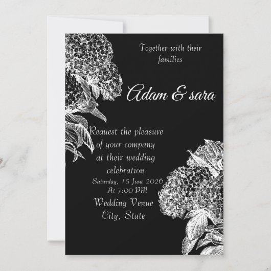 Elegant Black & White Floral Wedding Invitation Einladung (Vorderseite)