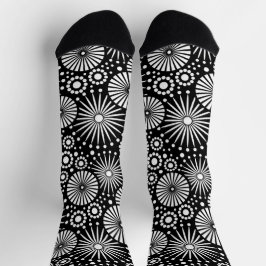 Elegant Black White Geometric Flowers Starburst Socken