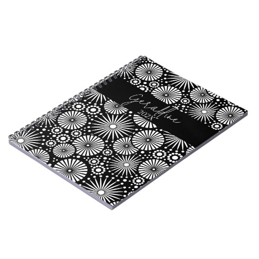 Elegant Black White Geometric Starburst Name  Notizblock (Linke Seite)