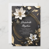 Elegant Black White Gold Floral Wreath Wedding Einladung (Vorderseite)