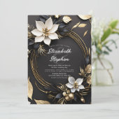 Elegant Black White Gold Floral Wreath Wedding Einladung (Stehend Vorderseite)