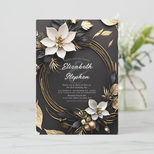 Elegant Black White Gold Floral Wreath Wedding Einladung (Stehend Vorderseite)