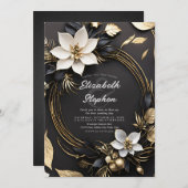 Elegant Black White Gold Floral Wreath Wedding Einladung (Vorne/Hinten)
