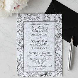 Elegant Black White Hand-Drawn Floral Wedding Einladung