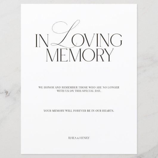 Elegant Black & White In Loving Memory Sign (Vorderseite)