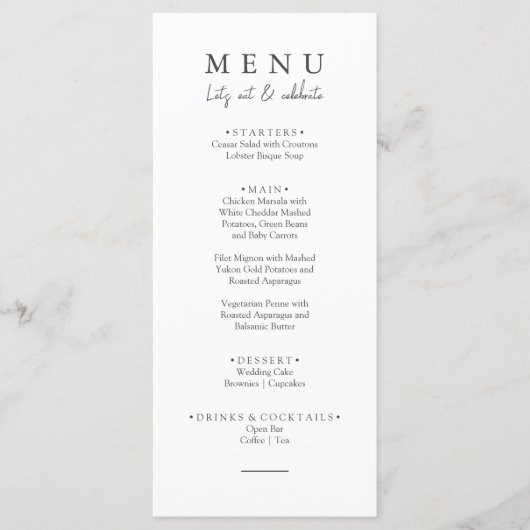 Elegant Black & White Let's Eat Script Wedding Menükarte (Vorderseite)