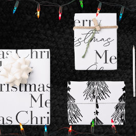 Elegant Black White Merry Christmas Tree Quote  Geschenkpapier Set