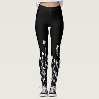 Elegant black white minimalist doodle floral leggings