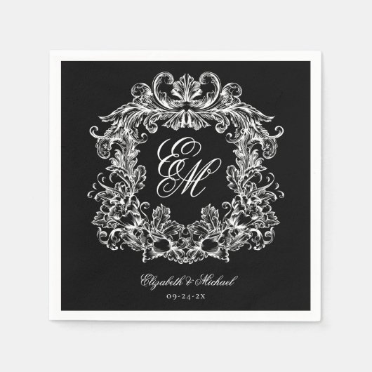 Elegant Black White Monogram Crest Script Wedding Serviette (Vorderseite)