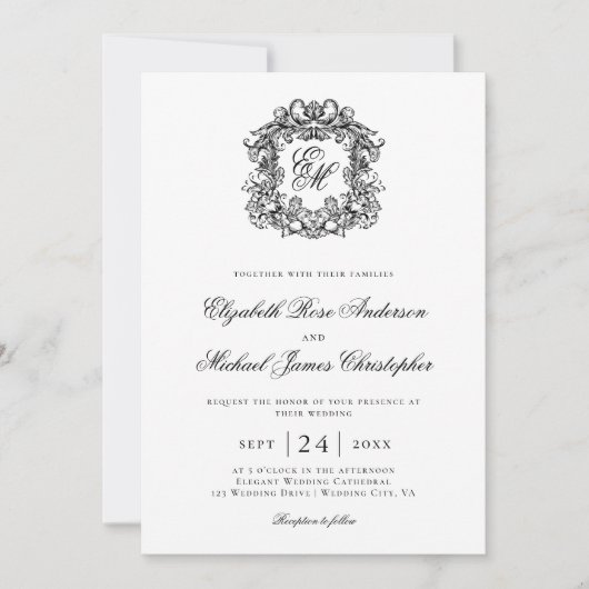 Elegant Black White Monogram Crest Wedding Einladung (Vorderseite)