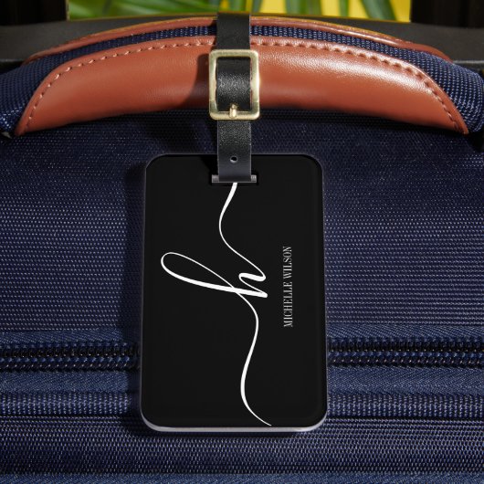 Elegant Black White Monogram Initial Script Name  Gepäckanhänger (Vorderseite Insitu 2)