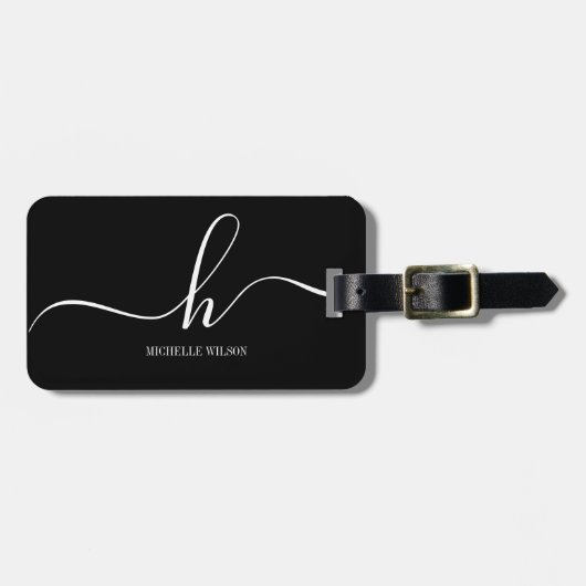 Elegant Black White Monogram Initial Script Name  Gepäckanhänger (Vorderseite horizontal)