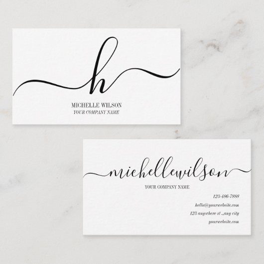 Elegant Black White Monogram Initial Script Name Visitenkarte (Vorne/Hinten)