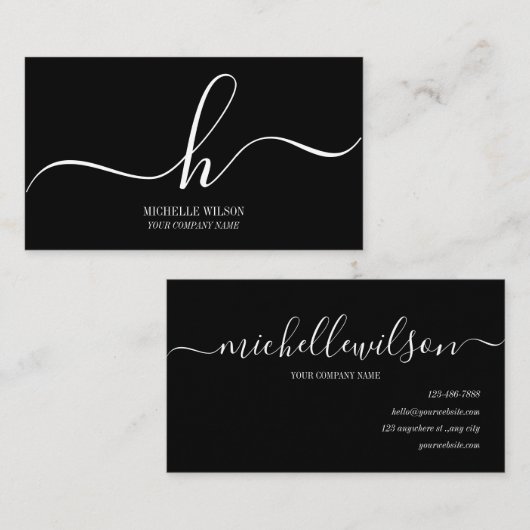 Elegant Black White Monogram Initial Script Name Visitenkarte (Vorne/Hinten)