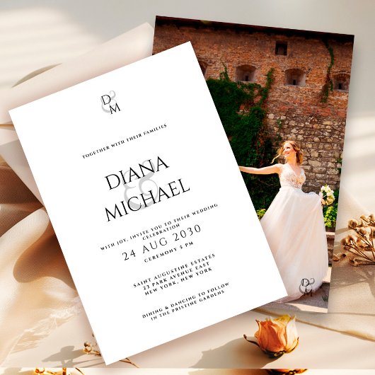 Elegant Black&White Monogram Wedding Photo  Einladung