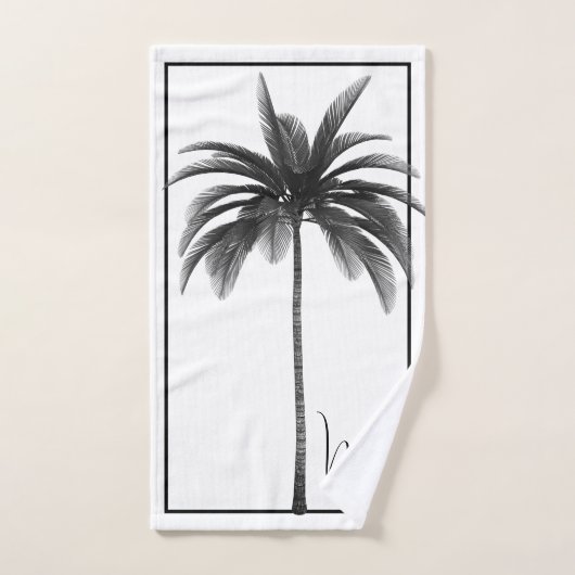 Elegant Black & White Palm Tree Monogram Tropical Badhandtuch Set (Handtuch)