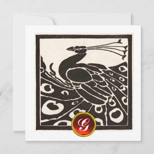 ELEGANT BLACK WHITE PEACOCK ,RED RUBY GEM MONOGRAM EINLADUNG (Vorderseite)