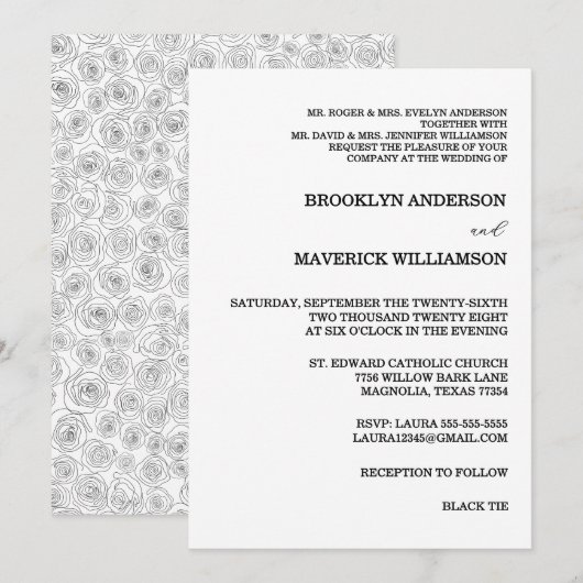 Elegant Black & White Rose Wedding Invitation Einladung (Vorne/Hinten)