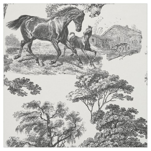 Elegant Black White Rustic Horses Toile Stoff (Muster)