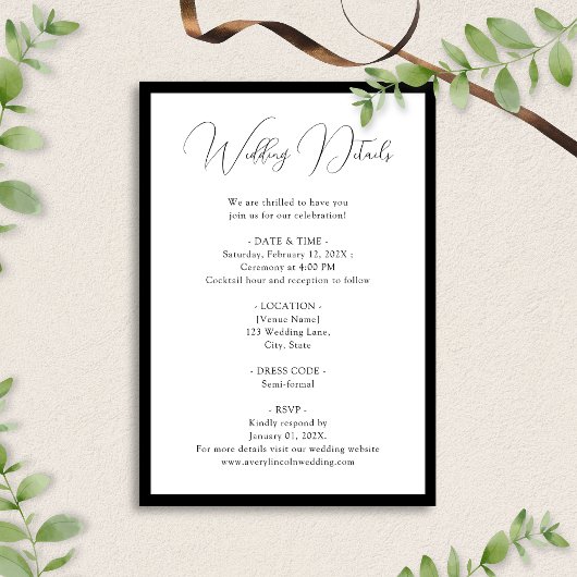 Elegant Black White Script Border Wedding Details Begleitkarte