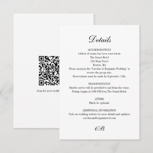 Elegant Black White Script Monogram QR Wedding Begleitkarte (Vorne/Hinten)