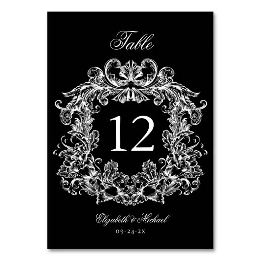 Elegant Black White Vintage Crest Wedding Tischnummer (Vorderseite)