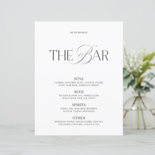Elegant Black & White Wedding Bar Menu (Stehend Vorderseite)