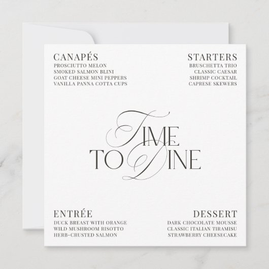 Elegant Black & White Wedding Dinner Menu Card Einladung (Vorderseite)